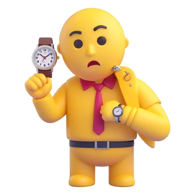 A yellow emoji face with a worried expression, looking at a wristwatch with raised eyebrows, showing urgency and stress sticker