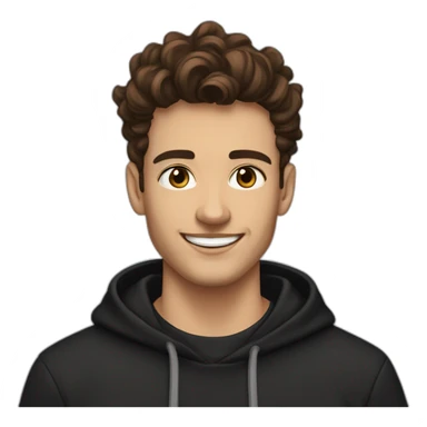 young man with short beard smiling medium long wavy rockabilly style brown hair with light skin and dark brown eyes wearing black sweatshirt hoodie sticker