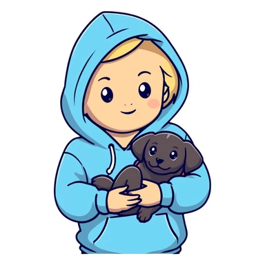 Blonde girl with smooth hair and a center part, light skin with freckles, wearing a hoodie and carrying a black baby labrador puppy in her arms sticker