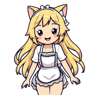  blonde catgirl woman long hair freckles giggling lace apron lace bikini anime influence  sticker