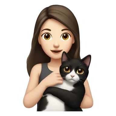 White girl with dark brown hair and brown eyes holding a black and white cat sticker