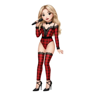 Sabrina carpenter singing at concert wearing a black and red plaid bodysuit a red sheer top covering the bodysuit, a strip of black lace around her leg, black sparkle heels. there is a  huge crowd and light pink stage setting  sticker