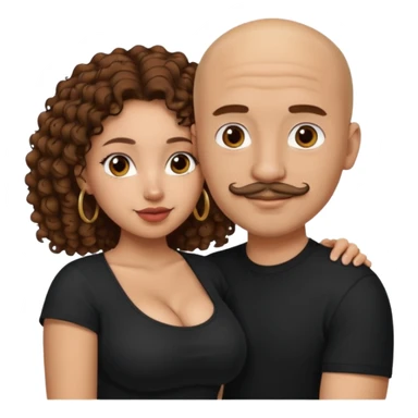 A mixed girl, the girl is wearing a black shirt, the girl has brown curly hair  and the girl has big boobs. A Mexican man is embracing her, with bald hair and a short mustache  sticker