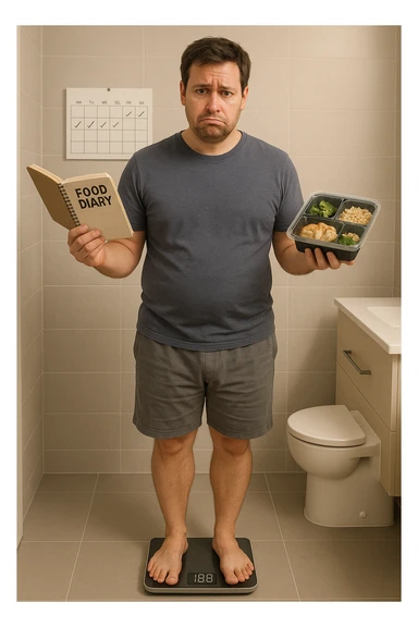 Uomo sulla trentina in piedi su una bilancia in bagno, con espressione delusa e confusa. In mano tiene un diario alimentare e un contenitore per i pasti già preparati, segno che sta seguendo una dieta. Dietro di lui un calendario con settimane segnate, ma senza cambiamenti. Il suo corpo appare identico a prima, senza progressi visibili. La bilancia digitale mostra lo stesso numero. Ambientazione pulita e moderna, toni neutri. Atmosfera di frustrazione e demotivazione, luce soffusa. sticker