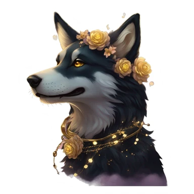Black iridescent fluffy dog fox head zombie skeleton gold mechanical nebula galaxy stars flowers fairy lights vintage sticker