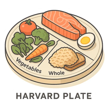 Harvard plate, isometric view, 50% vegetables, 25% proteins, 25% complex carbohydrates, foods labeled, very detailed drawing, shadows and highlights, clean contours, soft lighting, transparent background sticker
