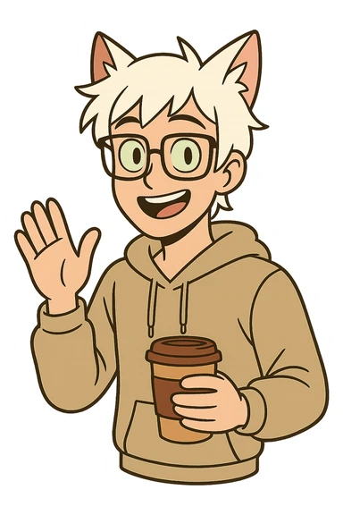 An anime guy with white hair, white cat ears, green eyes, and glasses, holding a coffee cup in his hand and waving sticker