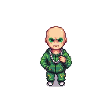 Pixel art thug in tracksuit, holding chain, bald head, angry expression, side view, retro arcade sprite
 sticker