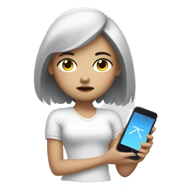 A girl with white skin and dark hair, with a sad face, holding her phone in her hand and typing a message, a message cloud on the side of it sticker