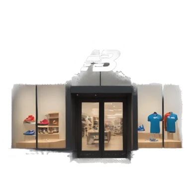 “New Balance store exterior with a clean, modern facade, the iconic ‘N’ logo, large windows showcasing athletic footwear, and a minimalist entrance.” sticker