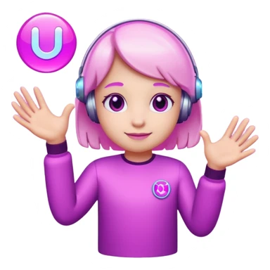 Friendly round AI mascot with a neon C badge, floating hologram in hands, purple-magenta glow. sticker