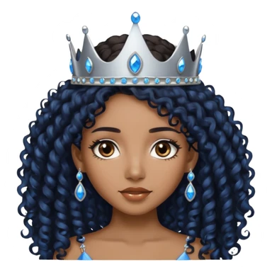 Por favor hazme el emoji de la princesa pero morena con el pelo negro y rizado y largo, los ojos marrones y la corona plateada con jollas azules sticker