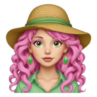 pink haired very long curly haired woman with full face light green clay mask  and big earrings and hat sticker