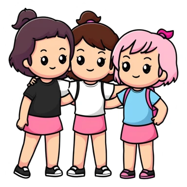 a black girl with dark brown hair next to a white girl with pink hair and a white girl with brown hair sticker