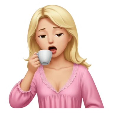 A blonde woman in a pink nightgown yawns, looking sleepy with dark circles under her eyes, drinking coffee, looking like she just woke up sticker