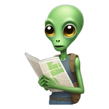 skinny tall alien wearing a fanny pack and holding a map sticker
