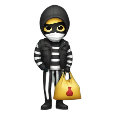 a bandit in striped clothes and a black mask over his eyes, carries a bag of money behind his back sticker