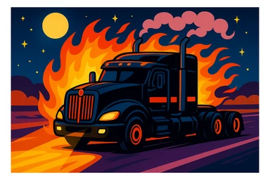 Add a dramatic cartoon fireball behind the black Kenworth T680 Flat Top semi sleeper cruising on the highway at night, keeping the playful cartoon style and smoke from the stacks. sticker