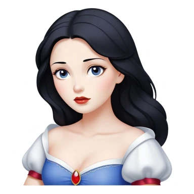 Cinematic Serene Snow White Portrait Emoji, rendered in a simplified vector style. Depict a gentle Snow White (chest and above) with flawless porcelain skin and flowing raven hair, her kind eyes and calm expression exuding a quiet, enchanting charm. The image glows softly with an inviting, pure light and is outlined with a subtle glow. sticker