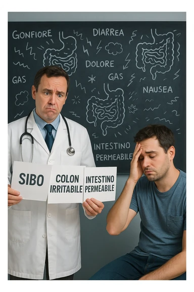 Scena clinica con un medico confuso in camice bianco davanti a un paziente seduto. Il medico ha tre fogli in mano, e li mostra uno alla volta con espressione incerta: il primo dice 'SIBO', il secondo 'Colon Irritabile', il terzo 'Intestino Permeabile'. Il paziente ha un’espressione confusa e scoraggiata, con una mano sulla fronte. Sullo sfondo una lavagna caotica con disegni di intestino e sintomi ovunque. Stile realistico con tocchi ironici, toni freddi da ambulatorio ma con un messaggio visivo forte di incertezza diagnostica. in italiano sticker