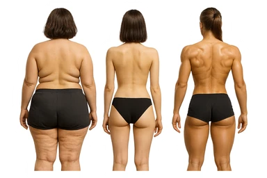 fai una donna di spalle in gym shorts leggermente sovrappeso e con cellulite e accanto una seconda donna di spalle magra (che è dimagrita post dieta) e accanto una terza donna in forma allenata e con le giuste proporzioni, l'immagine deve rappresentare il processo: da donna grassa, a donna piatta e magra, a donna allenata e in forma con i giusti muscoli, iperrealistico 4k sticker