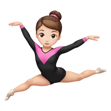 A female gymnast with brown hair in a neat bun, wearing a black uniform with pink elements. sticker