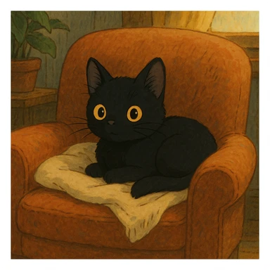 Black kitten cozy in a chair  sticker