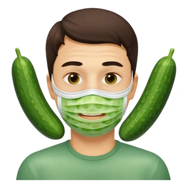 Man with a face mask and two cucumber in the eyes sticker