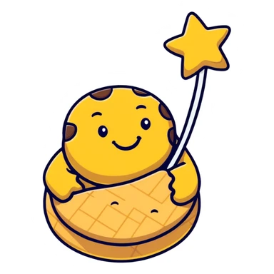 cartoon style Pan di Stelle cookie with a smiling face and white stars sticker