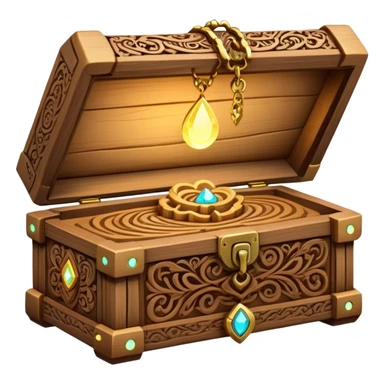 magical wooden box with intricate carvings, glowing softly, holding necklaces inside sticker