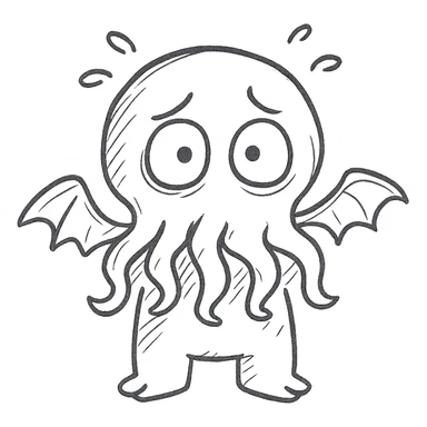 A hand drawn icon of Cthulhu looking scared sticker