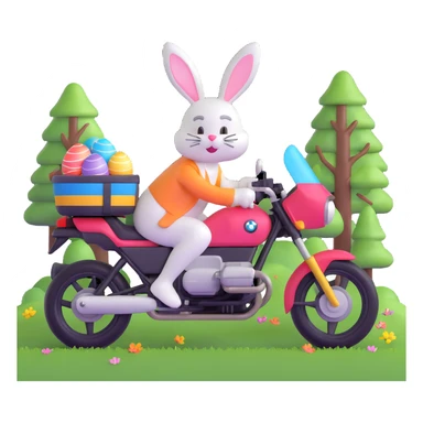 Easter bunny riding a BMW boxer motorcycle with trees and grass in the background and colorful Easter eggs hidden in the grass sticker
