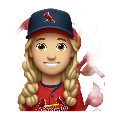 smiling boy with long hair with cardinals baseball hat sticker