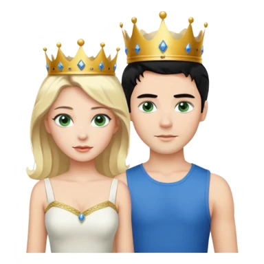 Prince with crown, black hair, body, legst, blue eyes, woman blonde hair, green eyes, sexy white short sleveless dress,  sticker