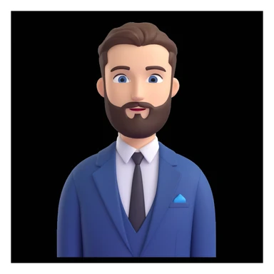 3D emoji style male character with trimmed beard, short hair, black suit, and white shirt, on a blue background with a white leaf design sticker