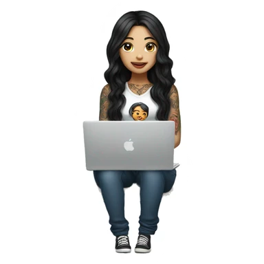 beautiful girl with tattoos, with long black hair, wavy hair, chinese, with laptop sticker