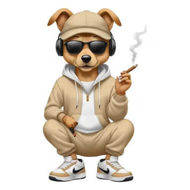 Dog with a hoodie headphones smoking a cigar Wearing sunglasses and a hat and air Jordan shoes and Nike sweatpants sticker