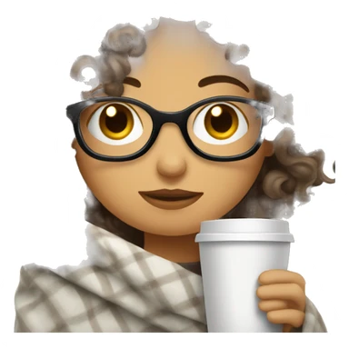 white curly brunette hair with glasses drinking a coffee in a blanket sticker
