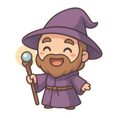 chibi-style wizard with purple robes, magical staff, big happy smile sticker