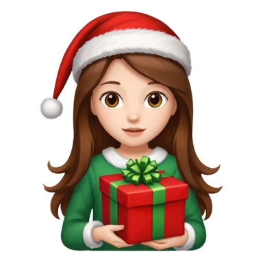 a girl with long brown hair wearing a christmas clothes and holding a gift sticker