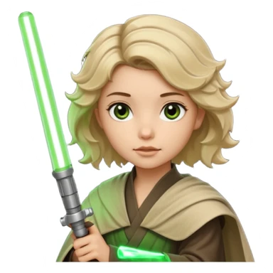 Young jedi with dark brown eyes and sandy blonde wavy short hair holding a green light saber.  sticker