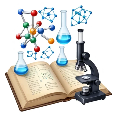 Icon for Scientific and Educational Reading: an open book with mathematical and physical formulas on the pages, with molecules and atoms flying out. On the desk are test tubes, flasks, and a microscope. Transparent background. sticker