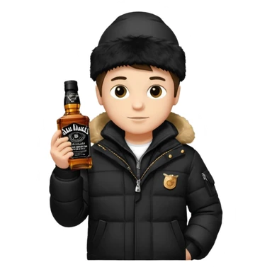 Junge mit Sturmhaube in der Rechten hand eine jacky flasche und schwarze winterjacke mit fell an der mütze 2 meter gross sticker