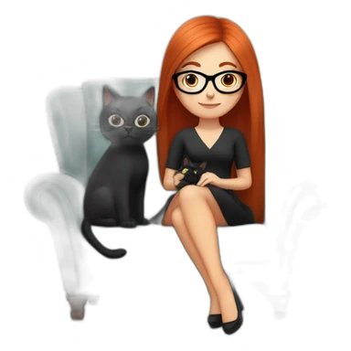 woman with long straight red hair and black-rimmed glasses, in a dress, sitting in an armchair, with a black cat on her lap sticker