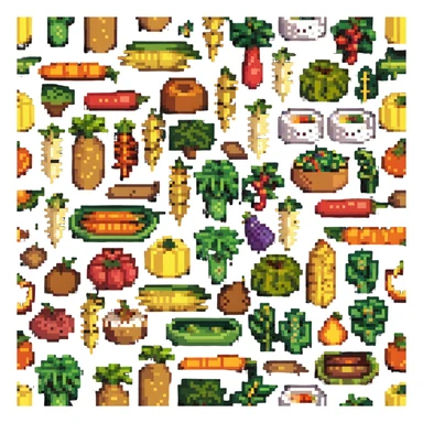 Pixel art of dietary fiber showing whole grains, vegetables, fruits and legumes connected by fiber strands, with an intestine character showing improved digestion sticker