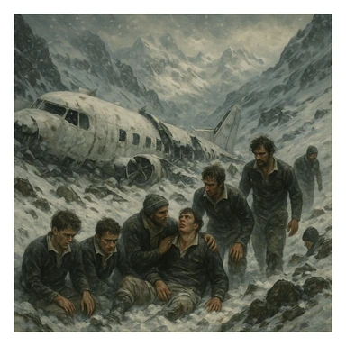 a dramatic scene of a plane crash in snowy mountains with a rugby team, inspired by the Andes survival story, with snow and rugged terrain, intense and emotional atmosphere sticker