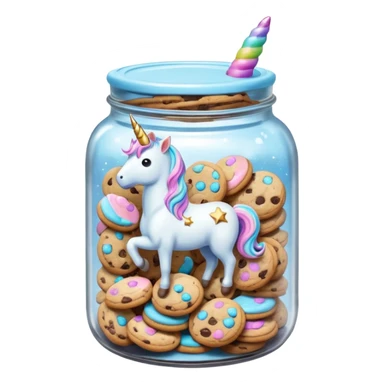 A sparkly pastel chewy chocolate chip unicorn cookie in an organized jar, saying "Cookie Jar" with some small illustrations on the jar to indicate there's cookies stored instead sticker