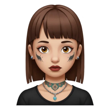 Alternative girl with straight brown hair and micro bangs and a throat tattoo sticker
