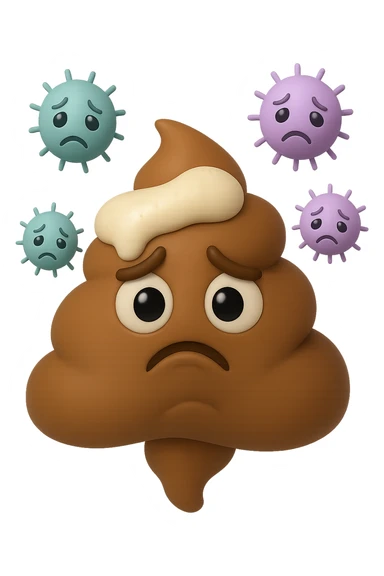 emoji stile iphone 3d di una cacca con muco bianco sopra, dietro cui fluttuano batteri intestinali tristi, iperrealistiche 4k sticker