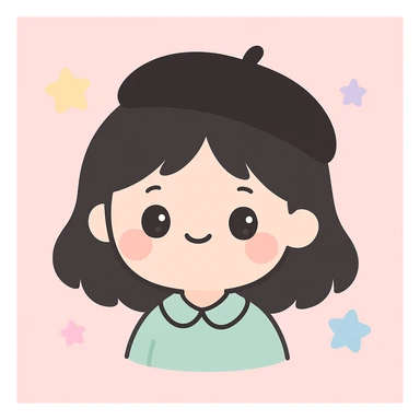 a girl with dark hair and a black beret, cute cartoon style sticker